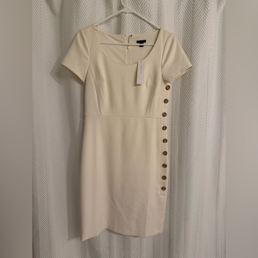 Ann Taylor Cream Shift Dress with Button Detail